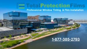 Image of commercial building with window tinting applied to exterior by Total Protection Films