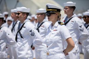 A U.S. Naval officer stands in formation during a neighborhood activation event during LA Fleet Week 2024.