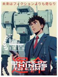 A retro anime montage of a young business executive looking into the future with a menacing mecha robot looming in the background.