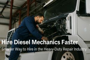 Diesel mechanic repairing a white semi-truck inside a well-lit garage, highlighting technician expertise and truck repair hiring.