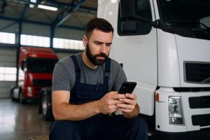 Diesel mechanic seated near a white semi-truck, looking intently at his phone while browsing job listings in a spacious garage.