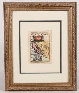 Small color map rendered circa 1685 showing California as an island, an original copper engraving with later hand-coloring from AM Mallett, 6 ½ inches by 4 ½ inches ($3,000).