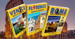 Three Italy travel books in front of the Rome Colossseum.