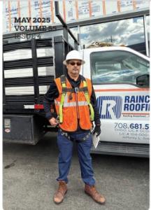 Angel Arroyo, General Superintendent at Raincoat Roofing, wearing safety gear and standing in front of a Raincoat Roofing truck at a job site, featured in the May 2025 issue of Professional Roofing magazine.