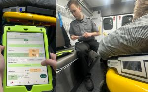 Photo of a Hopkins County EMS professional preparing to administer medication along with close-ups of the OneDose® application and OneWeight® gurney scale.