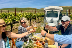 Four guests enjoying a chef-prepared lunch at a private vineyard table in Napa Valley, with a Laces & Limos tuk-tuk parked nearby during the BottleRock Escape experience.