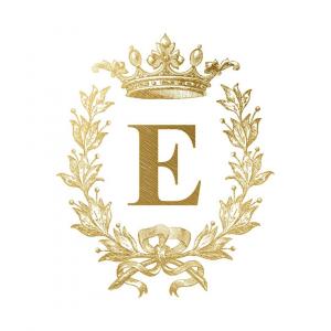 Gold letter “E” monogram surrounded by a royal crown, laurel leaves, and ribbon — symbol of Elysium, a Dallas-based spiritual healing studio offering traditional Kundalini Yoga, Reiki energy healing treatments, and women’s mentorship.
