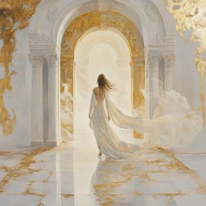White-robed woman walking through golden temple arch into light — symbolizing the beginning of spiritual healing through Elysium’s Divine Rebirth Initiation, a private mentorship in Dallas or worldwide offering Kundalini Yoga, Reiki energy healing, freque