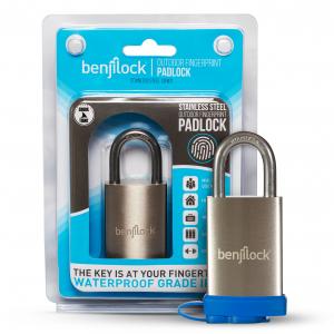 The new BenjiLock Outdoor Fingerprint Padlock from the Stainless Steel Series displayed next to its retail packaging, highlighting the brand’s latest innovation in smart security.