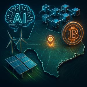 A stylized microgrid site in West Texas built for AI and edge compute with battery storage, control hubs, and fast ERCOT energy loops drawn in neon.