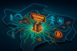 Futuristic 3D depiction of the West Texas AI corridor with Battery glowing at center, connected to AI, crypto, and energy elements through high-speed grid lines