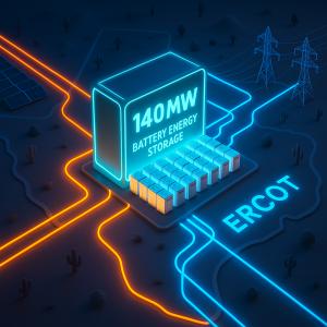 A stylized microgrid site in West Texas built for AI and edge compute with battery storage, control hubs, and fast ERCOT energy loops drawn in neon.