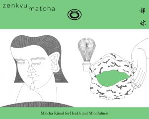 Global visual concept of Zenkyu Matcha with brand logo, illustration, and the tagline “Matcha Ritual for Health and Mindfulness.”