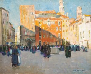 Oil on canvas by Jane Peterson (American, 1876-1965), titled Campo Santa Margherita, Venice, signed, 24 ½ inches by 29 ¾ inches. Estimate: $30,000-$50,000. Sold for $56,250.
