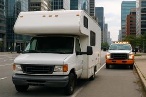 Stranded white RV with a service vehicle arriving behind it in an urban setting, surrounded by tall modern buildings.