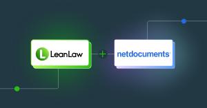 Graphic depicting an integration between LeanLaw and NetDocuments. The LeanLaw logo on the left is connected by a line and green plus symbol to the NetDocuments logo on the right. The background is a dark gradient with green and blue accent nodes.