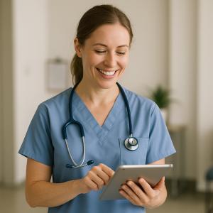 Hospice nurse smiling while using a tablet to access patient care information through the HospiceWorks EMR platform with integrated e-Prescribing.