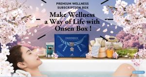 Onsen Box contents from various Japanese hot spring regions, including bath powders, hinoki essential oil, Japanese snacks, herbal tea, and handcrafted souvenirs.