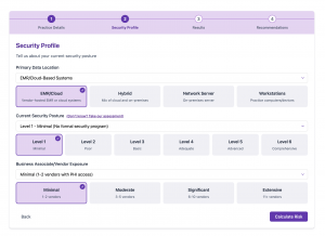 Screenshot of the HIPAA breach cost calculator interface, showing inputs for record volume, security rating, and long-term cost estimates.