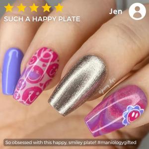 This bright and creative manicure was made using the nail stamping plate from the “Happy Face” kit.