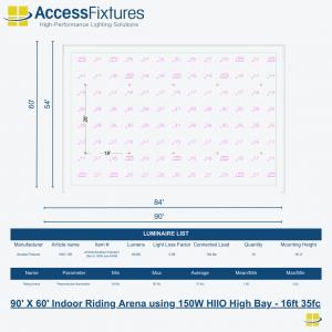 Indoor Riding Arena Lighting Package 90′ X 60′ 35fc, 2.02 Max/Min – 10 HIIO 150w – 16ft Mounting Height
