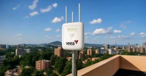 Close-up of Sombha/Veea-branded VeeaHub radio on a Kampala rooftop, providing edge connectivity for Uganda pilot
