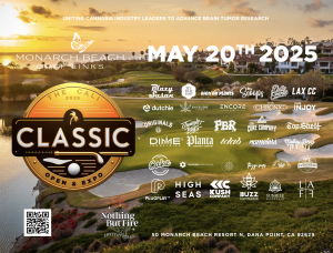 A background of the Waldorf Astoria Monarch Bay Beach golf course overlayed with logos of cannabis companies and ancillary brands