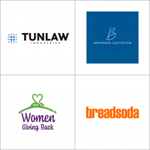 Four logos arranged in a 2x2 grid representing the Threads of Hope event partners. Top left: Tunlaw Industries logo with a dotted globe icon. Top right: Bethesda Lactation logo with a cursive “B” on a navy square background. Bottom left: Women Giving Back