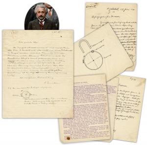 Albert Einstein autograph letter signed, along with an original sketch of a wheel, included within a circa 1927-1930 archive of German-language correspondence exchanged between the physicist and an unidentified physics enthusiast. Estimate: $30,000-$40,00
