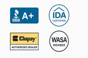 Logos of BBB, IDA, Clopay, and WASA displayed to show Infinity Garage Door Repair’s verified industry certifications.