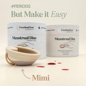 Reusable menstrual disc called Mimi by Mimi & Co shown in front of branded packaging, with blood droplets nearby and caption “#Periods But Make it Easy.”