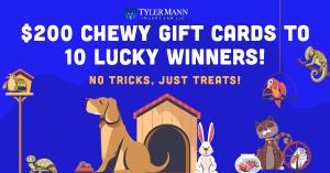 Image of pets and the text $200 CHEWY GIFT CARDS TO 10 LUCKY WINNERS!