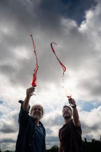Marcelo Pelleriti y Miguel Priore brindan con copas de vino tinto en alto, con vino volando en el aire bajo un cielo nublado en el viñedo Los Pioneros