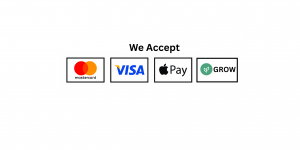 An image of logos for Visa, Mastercard, Apple Pay and GROW Tokens on a white background with the words "We Accept" above the logos.