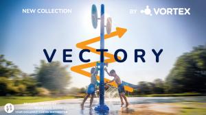 Title reads "New Collection by Vortex – VECTORY" with excited children playing on innovative new splashpad features. Footer reads, "Brought to you by Commercial Recreation Specialists – your exclusive Vortex distributor."