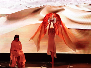 Elena Brovelli during a live performance, creating a portal through breath and movement.
