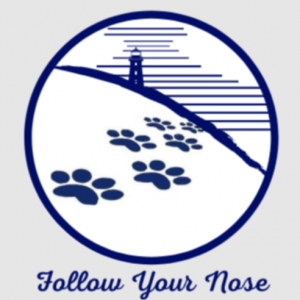 Follow Your Nose Pet Boutique logo with a trail of blue paw prints leading up a hill toward a lighthouse, set inside a circular design