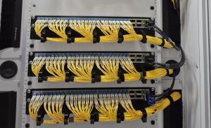 Data center rack with fiber patch panels used for SpeedIX in Frankfurt