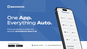 QuickMechs app interface showing auto repair booking, car sales, and loan features on a smartphone.