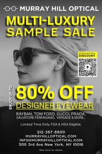 Murray Hill Optical Sample Sale Poster, It has a black and white background and yellow lettering