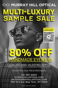 Murray Hill Optical Sample Sale, it has a black and white background with yellow lettering