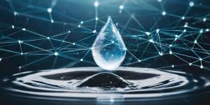 Digital rendering of a glowing water droplet suspended above rippling water, surrounded by a connected neural network, symbolizing AI-powered water management and smart infrastructure.
