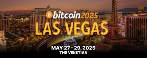 Las Vegas Strip at sunset with Bitcoin 2025 conference branding over The Venetian, the host venue for Bitcoin Illuminated’s official closing experience.