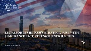 Skyline of Hanoi at dusk with translucent overlays of the U.S. and French flags, representing Vietnam’s growing strategic ties with both nations. - EBC