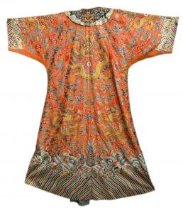 An ornate orange Chinese imperial robe featuring intricate golden dragons, colorful cloud patterns, and detailed wave designs near the hem, symbolizing royalty and traditional artistry.