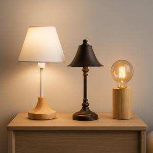 Conjunto de veladores decorativos con pantallas de tela, base de madera y vidrio, ideales para dormitorio o living