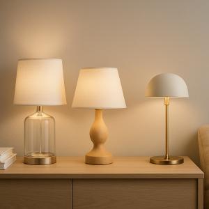 Veladores para dormitorio con lámpara LED, pantalla opaca y base de metal dorado sobre mueble de madera clara