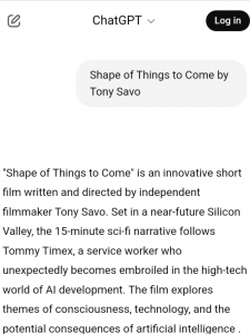 A screen shot of a Chat GPT search query 'Shape of Things to Come by Tony Savo'