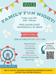 Silver Collection at Waterford in Huntersville is inviting residents and the public alike to a lively Family Fun Night on Friday, June 13th, from 4:00 PM to 7:00 PM at 11920 Joleen Court, Huntersville, NC.