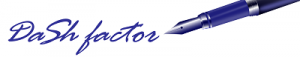 DaSh factor logo, the words DaSh factor in purple calligraphy with a fountain pen appearing to have written the words